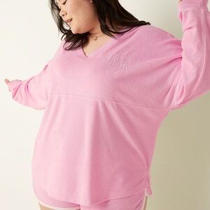 Victoria's Secret PINK Varsity Beach Terry V Neck Long Sleeve Top Cupid Pink Med